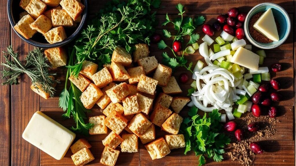 Savory sourdough bread stuffing recipe with fresh herbs and vegetables.