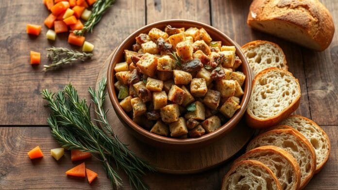 Savory sourdough bread stuffing recipe with fresh herbs and vegetables.